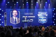 Jimmie Johnson addresses the audience at the 2024 Hall of Fame Induction Ceremony - Source: Imagn